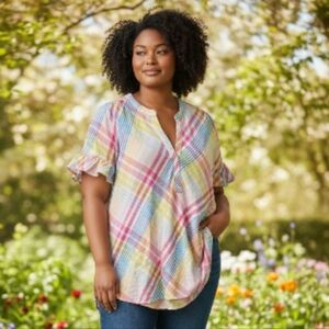 Crown & Ivy Multicolor Plaid Ruffle Sleeve Blouse XXL